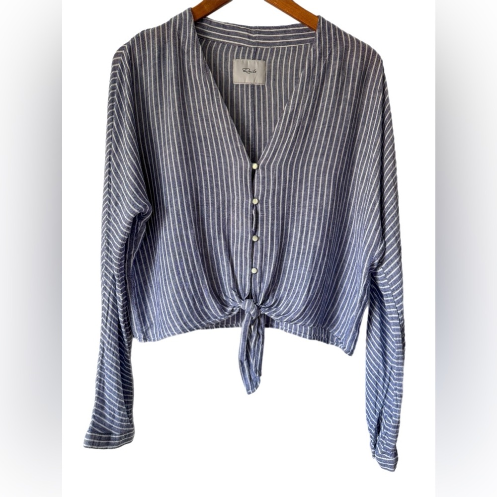 Rails “Sloane” Blue & White Striped Button Tie Front Long Sleeved Top Linen sz M